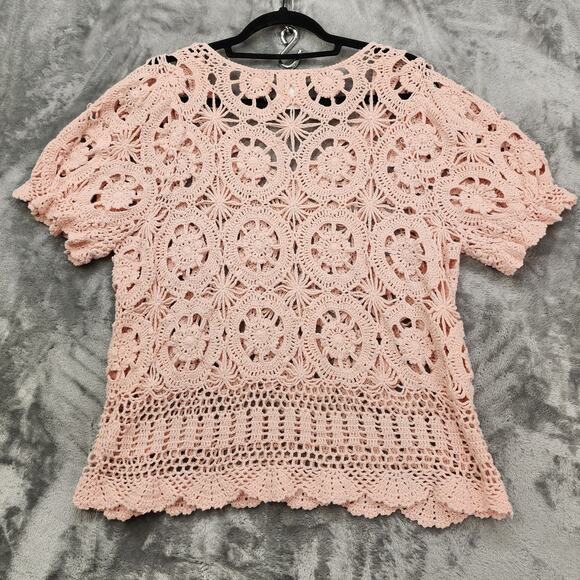 Denim 24/7 Top Womens M Pink Crochet Open Knit V-Neck Short Sleeve Pullover Boho - Picture 2 of 7